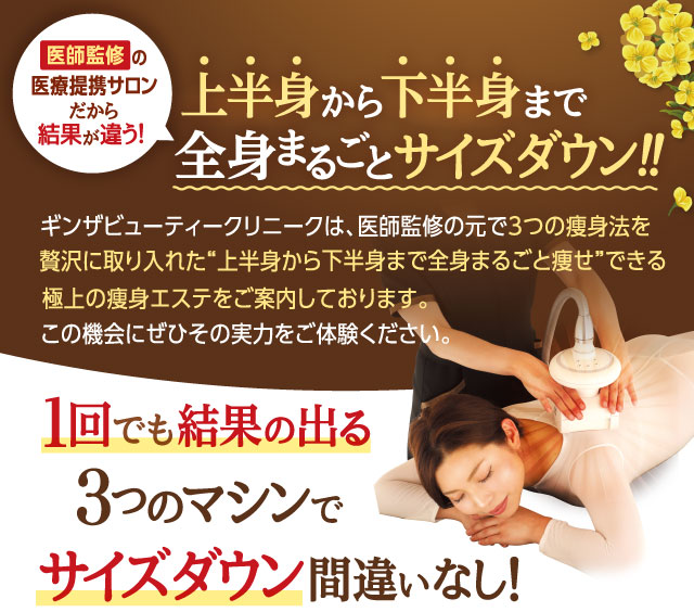 上半身から下半身まで全身まるごとサイズダウン！！１回でも結果の出る３マシンつのでサイズダウン間違いなし！