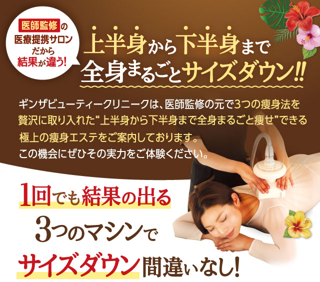 上半身から下半身まで全身まるごとサイズダウン！！１回でも結果の出る３マシンつのでサイズダウン間違いなし！