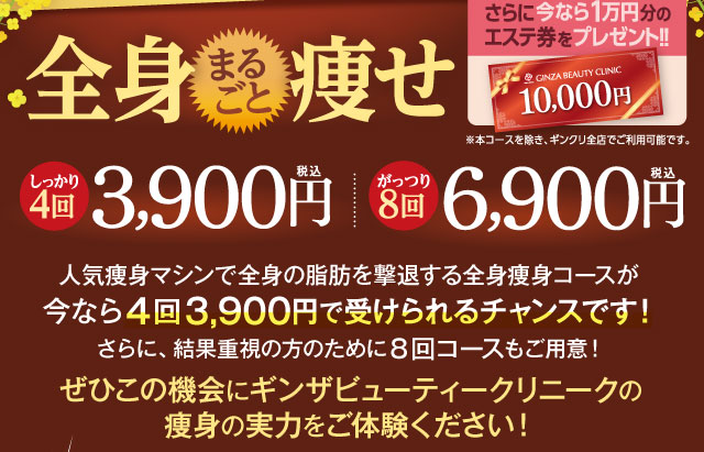 全身まるごと痩せ　しっかり４回3,900円（税込）がっつり８回6,900円（税込）