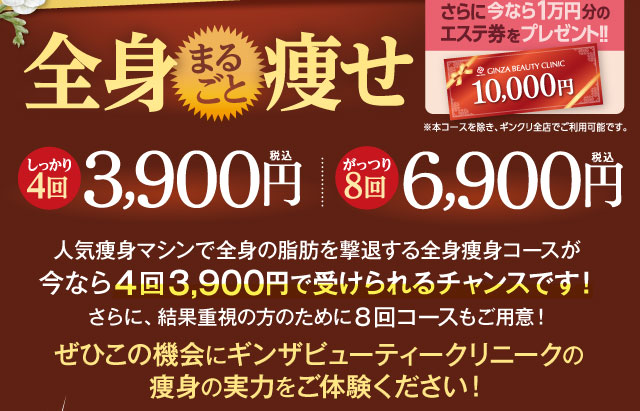 全身まるごと痩せ　しっかり４回3,900円（税込）がっつり８回6,900円（税込）