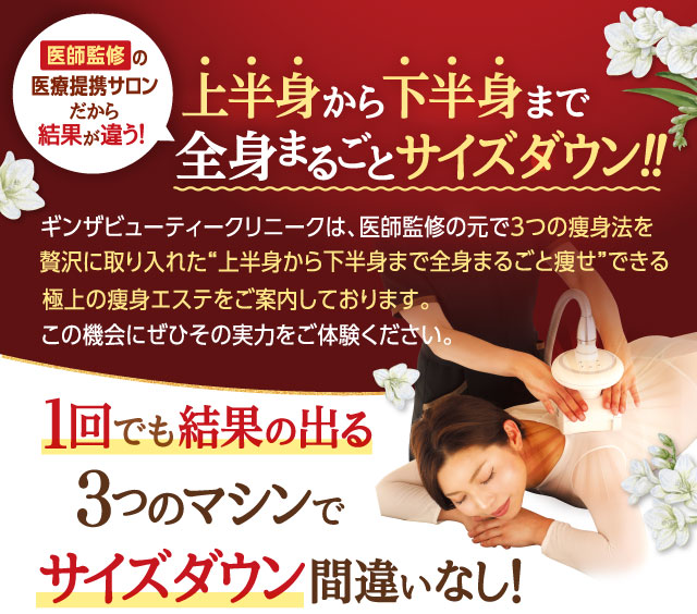 上半身から下半身まで全身まるごとサイズダウン！！１回でも結果の出る３マシンつのでサイズダウン間違いなし！