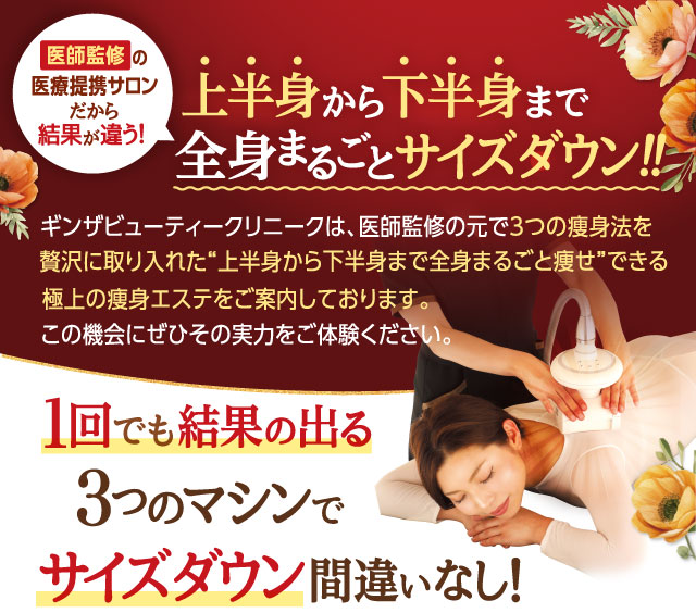 上半身から下半身まで全身まるごとサイズダウン！！１回でも結果の出る３マシンつのでサイズダウン間違いなし！