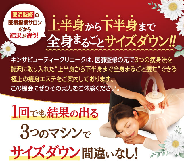 上半身から下半身まで全身まるごとサイズダウン！！１回でも結果の出る３マシンつのでサイズダウン間違いなし！