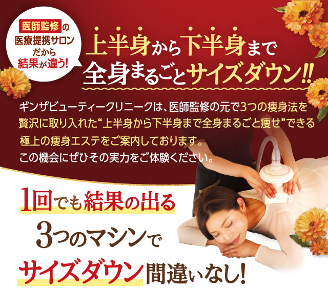 上半身から下半身まで全身まるごとサイズダウン！！１回でも結果の出る３マシンつのでサイズダウン間違いなし！