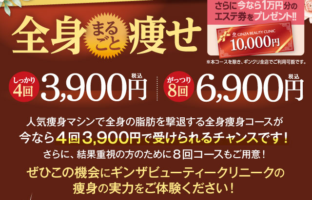 全身まるごと痩せ　しっかり４回3,900円（税込）がっつり８回6,900円（税込）