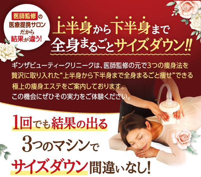 上半身から下半身まで全身まるごとサイズダウン！！１回でも結果の出る３マシンつのでサイズダウン間違いなし！