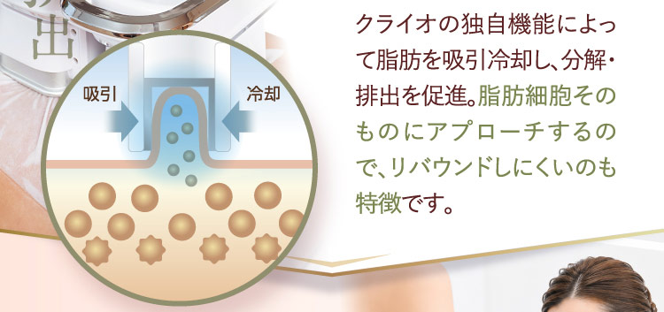 クライオの独自機能によって脂肪を吸引冷却し、分解・排出を促進。脂肪細胞そのものにアプローチするので、リバウンドしにくいのも特徴です。（吸引・冷却）