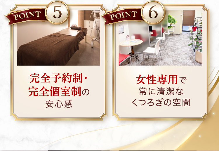 POINT 5 完全予約制・完全個室制の安心感、POINT 6 女性専用で常に清潔なくつろぎの空間