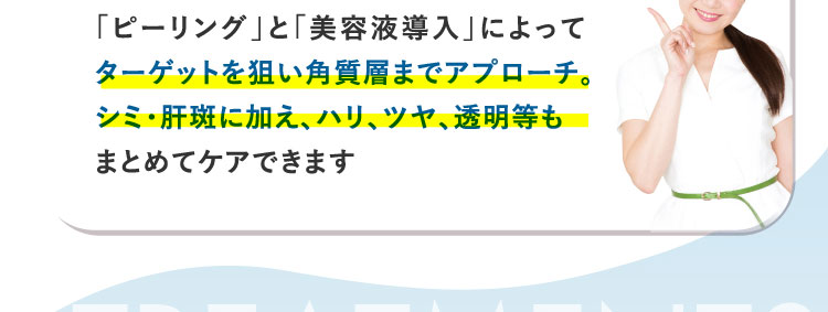 「ピーリング」と「美容液導入」によってターゲットを狙い角質層までアプローチ。シミ・肝斑に加え、ハリ、ツヤ、透明等もまとめてケアできます