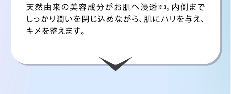 天然由来の美容成分がお肌へ浸透※3。内側までしっかり潤いを閉じ込めながら、肌にハリを与え、キメを整えます。