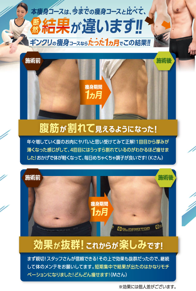 本痩身コースは今までの痩身コースと比べて断然結果が違います!ギンクリの痩身コースならたった1ヵ月でこの結果!!