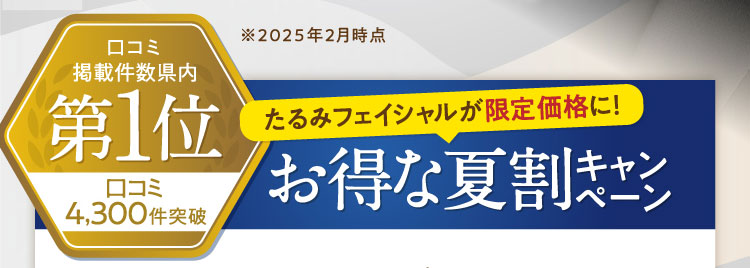 口コミ掲載件数県内1位 口コミ4,300件突破 たるみフェイシャルが限定価格に！お得な夏割キャンペーン
