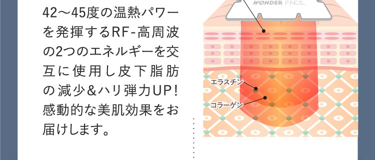 42〜45度の温熱パワーを発揮するRF-高周波の2つのエネルギーを交互に使用し皮下脂肪の減少&ハリ弾力UP！感動的な美肌効果をお届けします。 エラスチン コラーゲン
