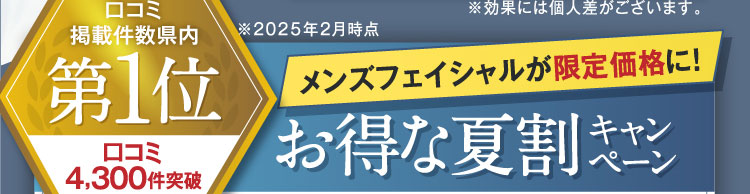 口コミ掲載件数県内第1位 口コミ4,300件突破 ※2025年2月時点 メンズフェイシャルが限定価格に！お得な夏割キャンペーン