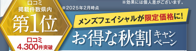 口コミ掲載件数県内第1位 口コミ4,300件突破 ※2025年2月時点 メンズフェイシャルが限定価格に！お得な秋割キャンペーン