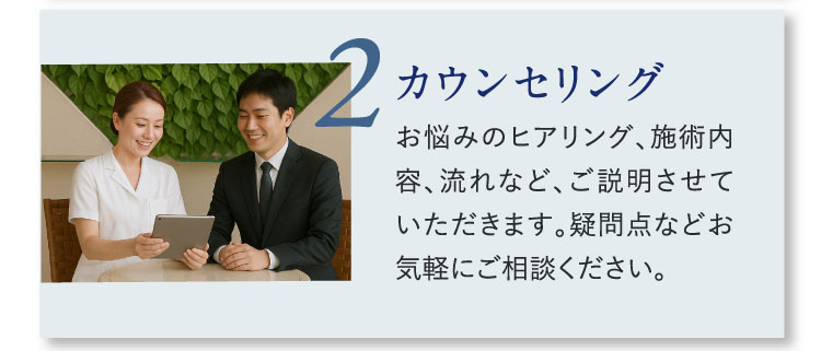 2 カウンセリング お悩みのヒアリング、施術内容、流れなど、ご説明させていただきます。疑問点などお気軽にご相談ください。