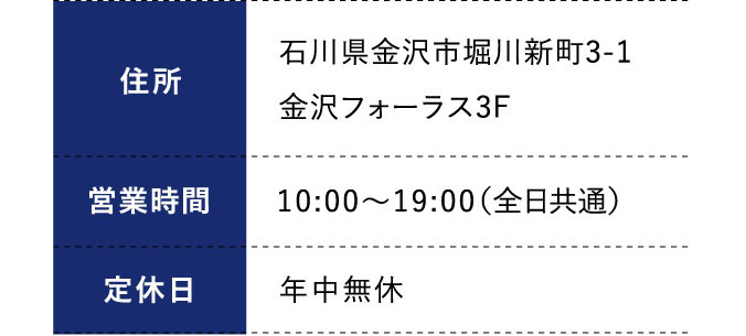 住所:石川県金沢市堀川新町3-1金沢フォーラス3F 営業時間:平日 10:00～19:00（全日共通） 定休日:年中無休