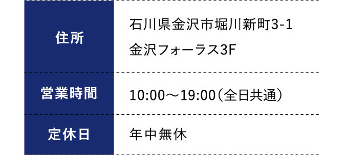 住所:石川県金沢市堀川新町3-1金沢フォーラス3F 営業時間:平日 10:00～19:00（全日共通） 定休日:年中無休