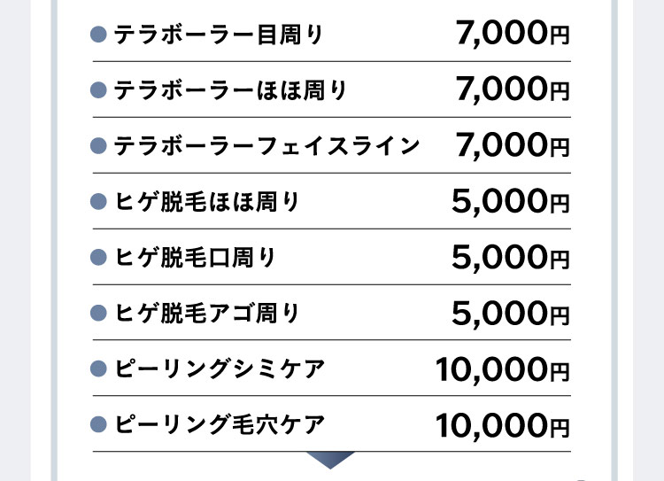 テラボーラー目周り7,000円、テラボーラーほほ周り7,000円、テラボーラーフェイスライン7,000円、ヒゲ脱毛ほほ周り5,000円、ヒゲ脱毛口周り5,000円、ヒゲ脱毛アゴ周り5,000円、ピーリングシミケア10,000円、ピーリング毛穴ケア10,000円