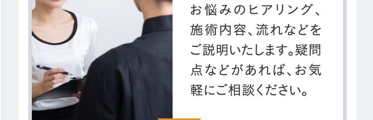お悩みのヒアリング、施術内容、流れなどをご説明いたします。疑問点などがあれば、お気軽にご相談ください。